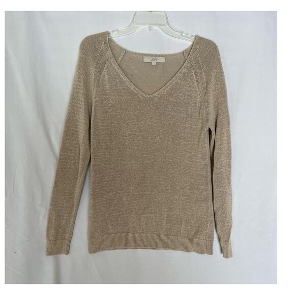 LOFT Women's V-Neck Pullover Sweater Medium Beige Long Sleeve Knit - Picture 1 of 7